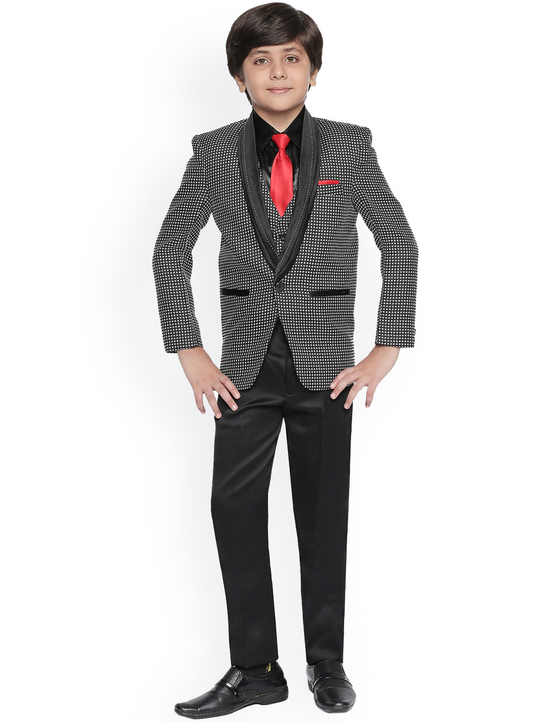 

Jeetethnics Boys Black & White Self Design 5 Piece Tuxedo Suit
