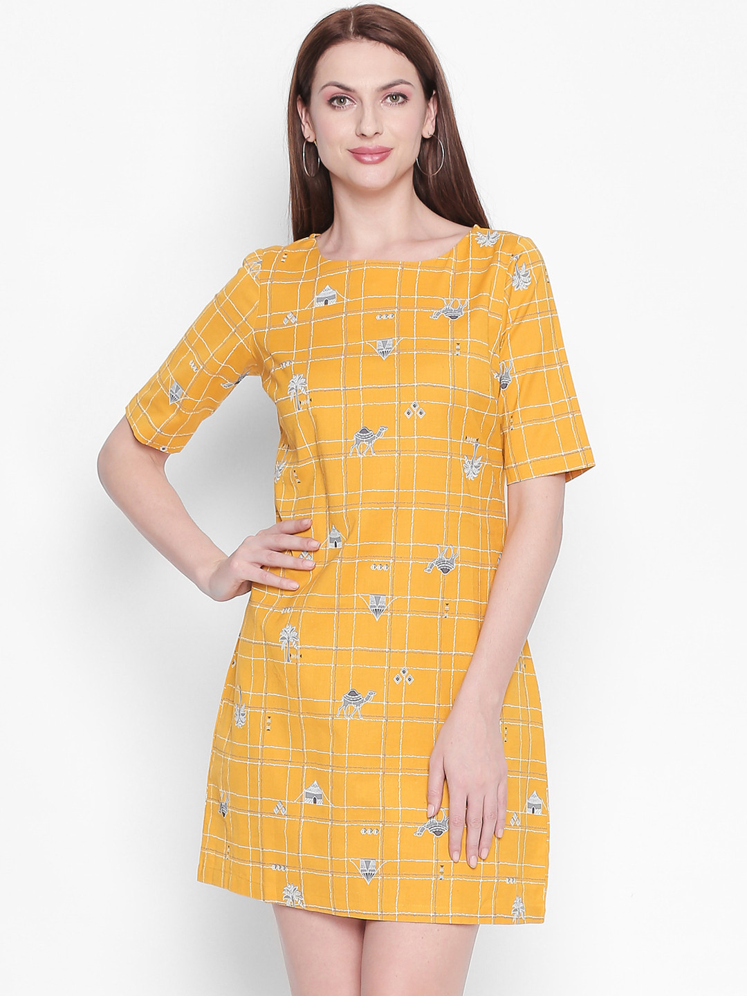 

AKKRITI BY PANTALOONS Women Yellow Checked Fit and Flare Dress