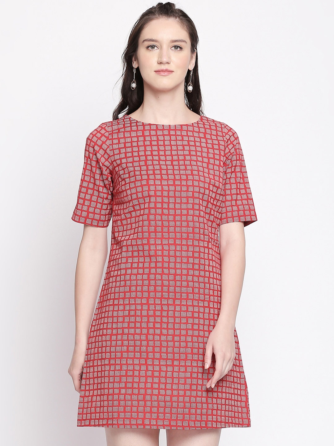 

AKKRITI BY PANTALOONS Women Red & White Checked Fit and Flare Dress