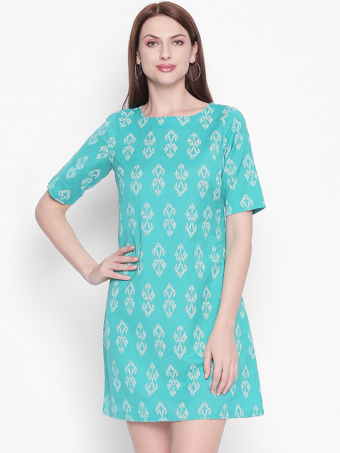 

AKKRITI BY PANTALOONS Women Turquoise Blue Printed A-Line Dress