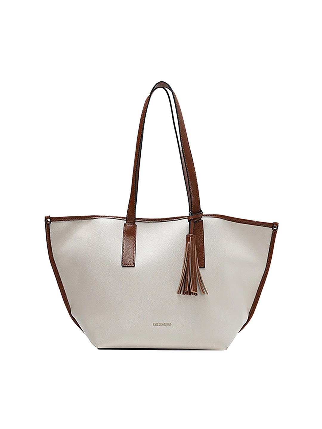 

MIRAGGIO White & Brown Solid Tasselled Tote Bag, Beige