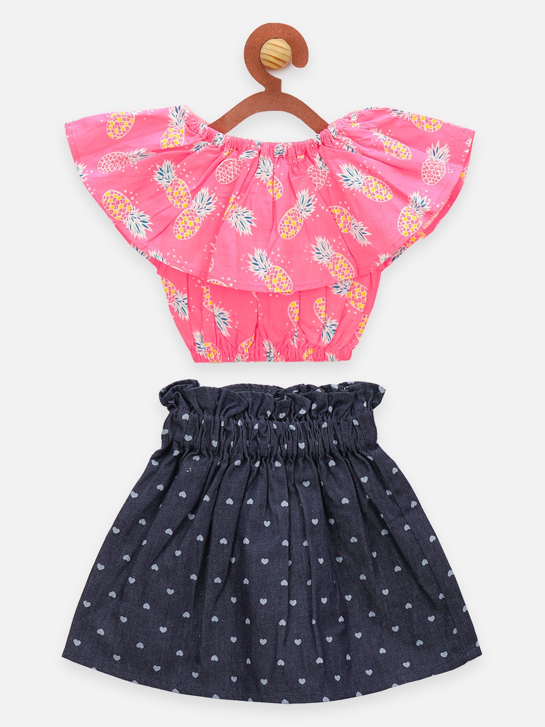 

LilPicks Girls Pink & Navy Blue Printed Top with Skirt