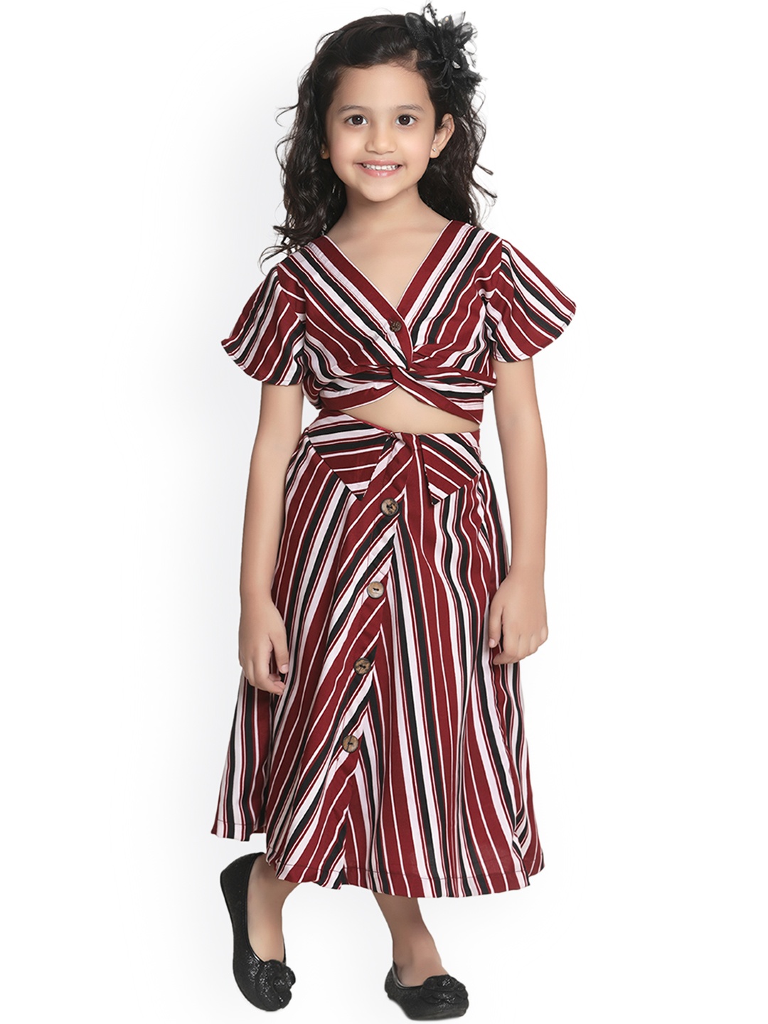 

LilPicks Girls Maroon & White Striped Top with Skirt