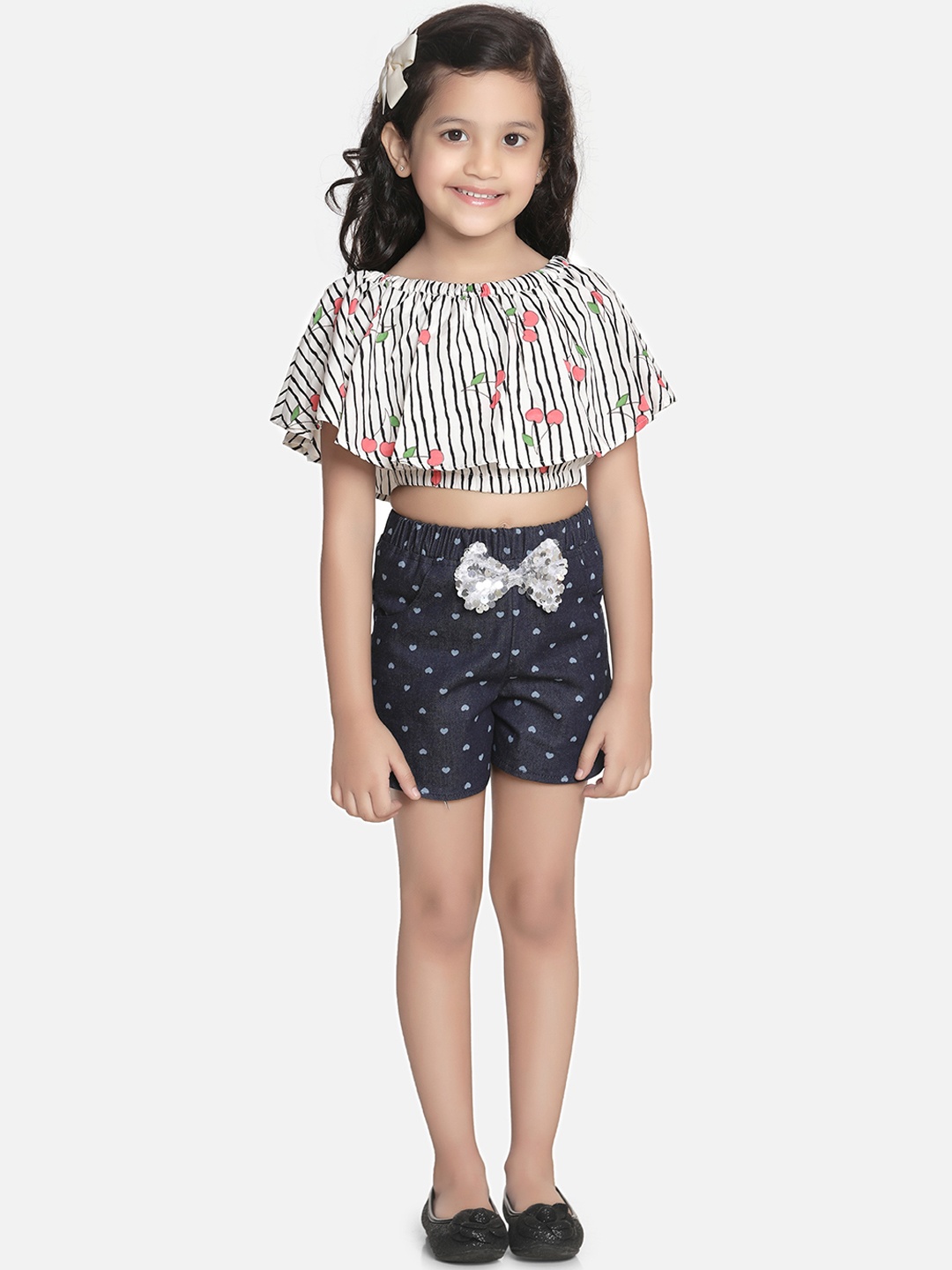 

LilPicks Girls Off-White & Blue Printed Top with Shorts