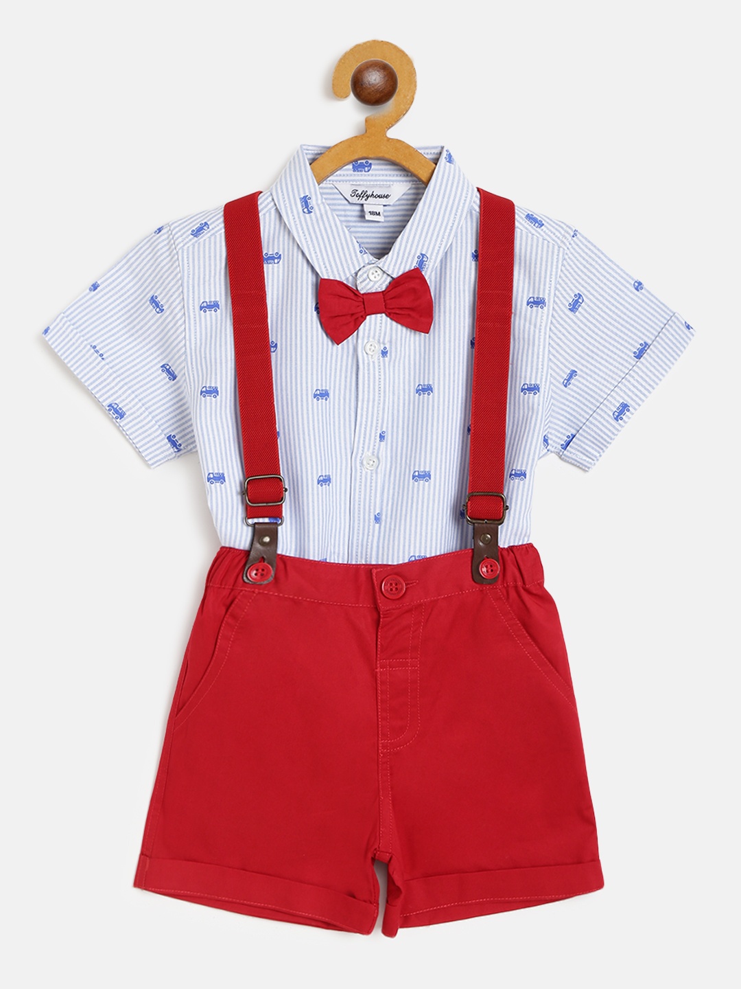 

TOFFY HOUSE Boys Blue & Red Striped & Printed Shirt & Shorts with Suspenders