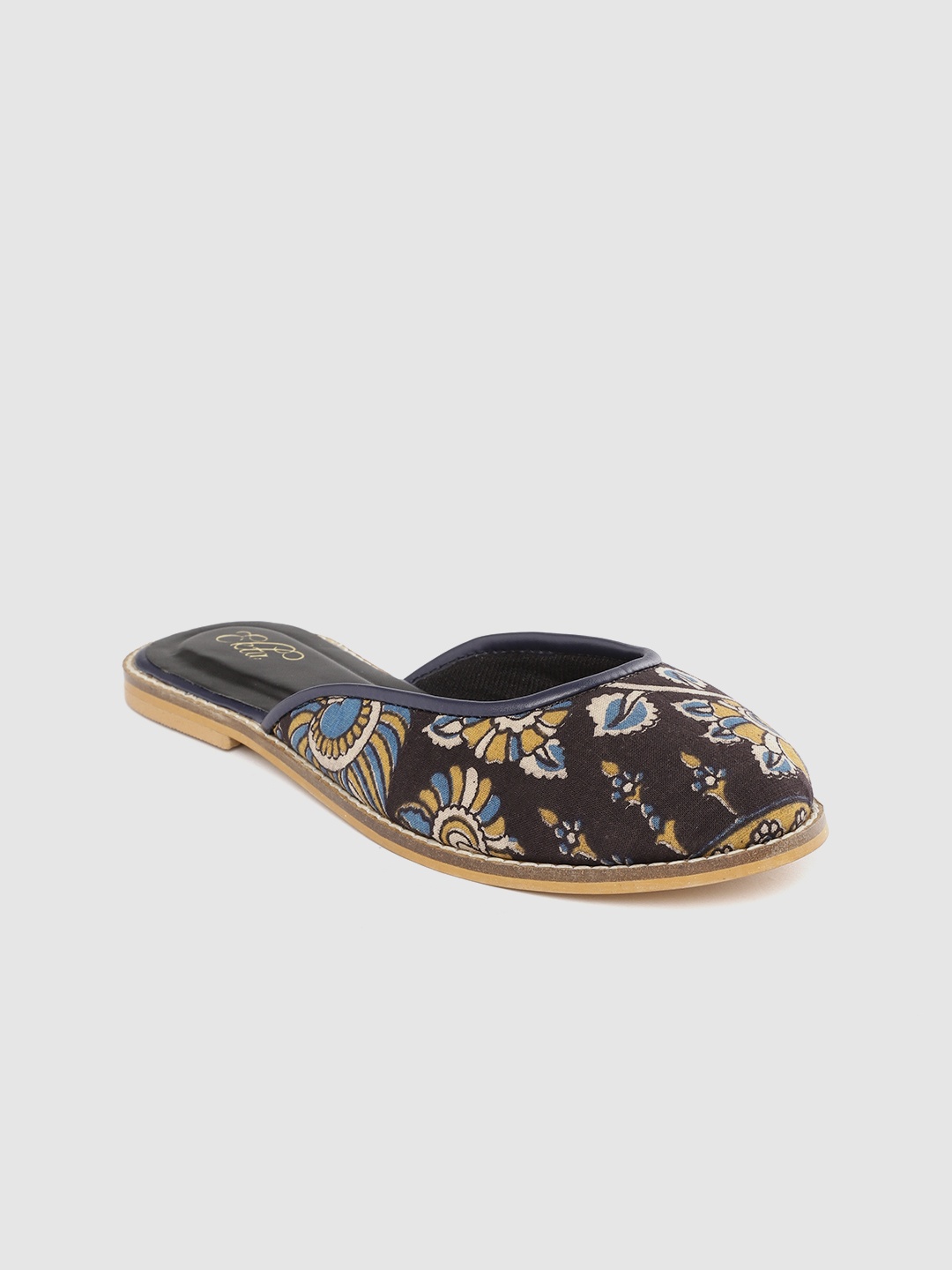 

Ekta Women Coffee Brown & Blue Kalamkari Floral Printed Handcrafted Mules