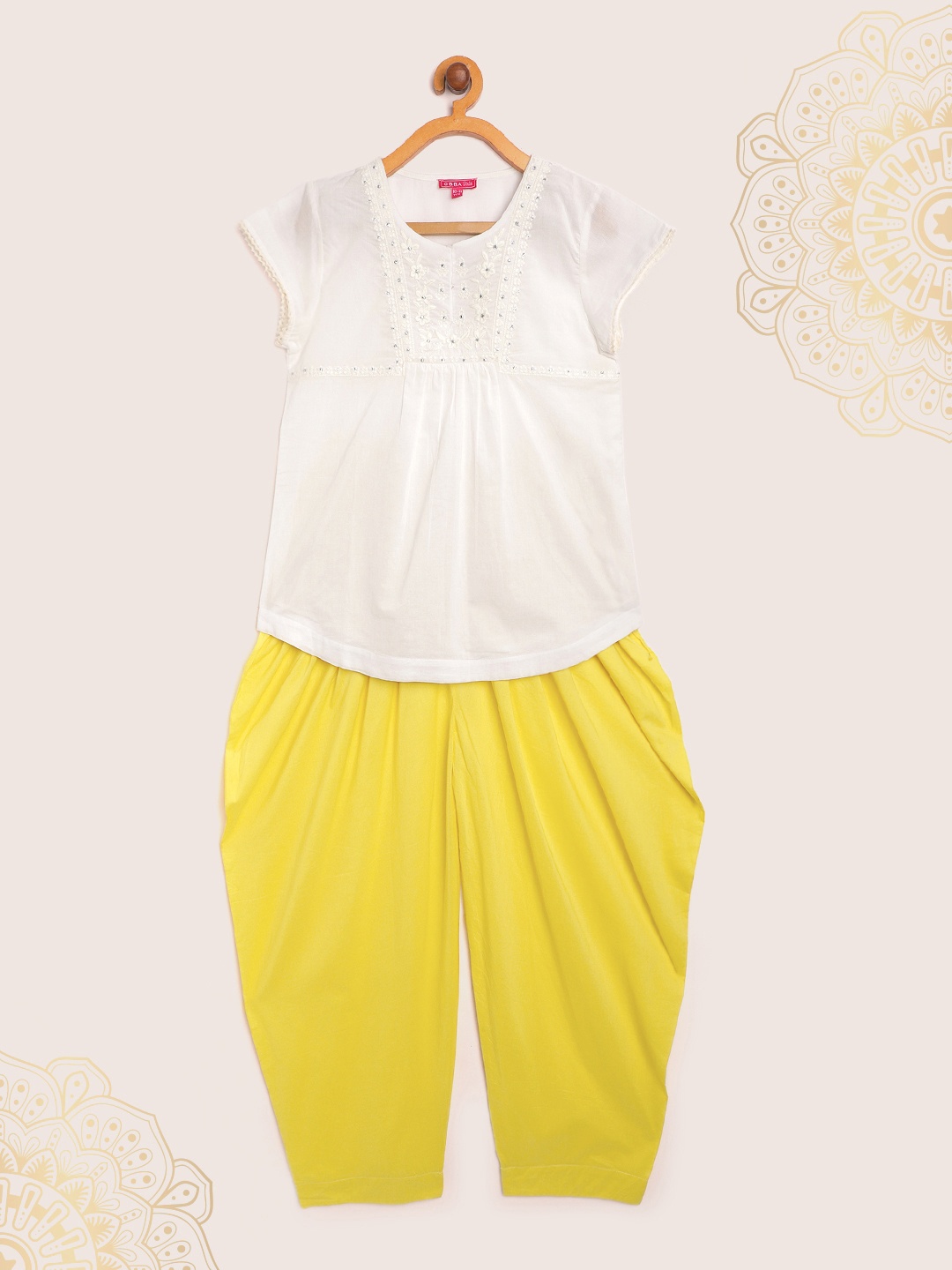 

Biba Girls White & Yellow Pure Cotton Yoke Design Embroidered Kurti with Salwar