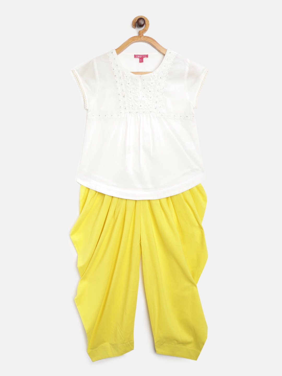 

Biba Girls White & Yellow Pure Cotton Embroidered Top with Solid Salwar