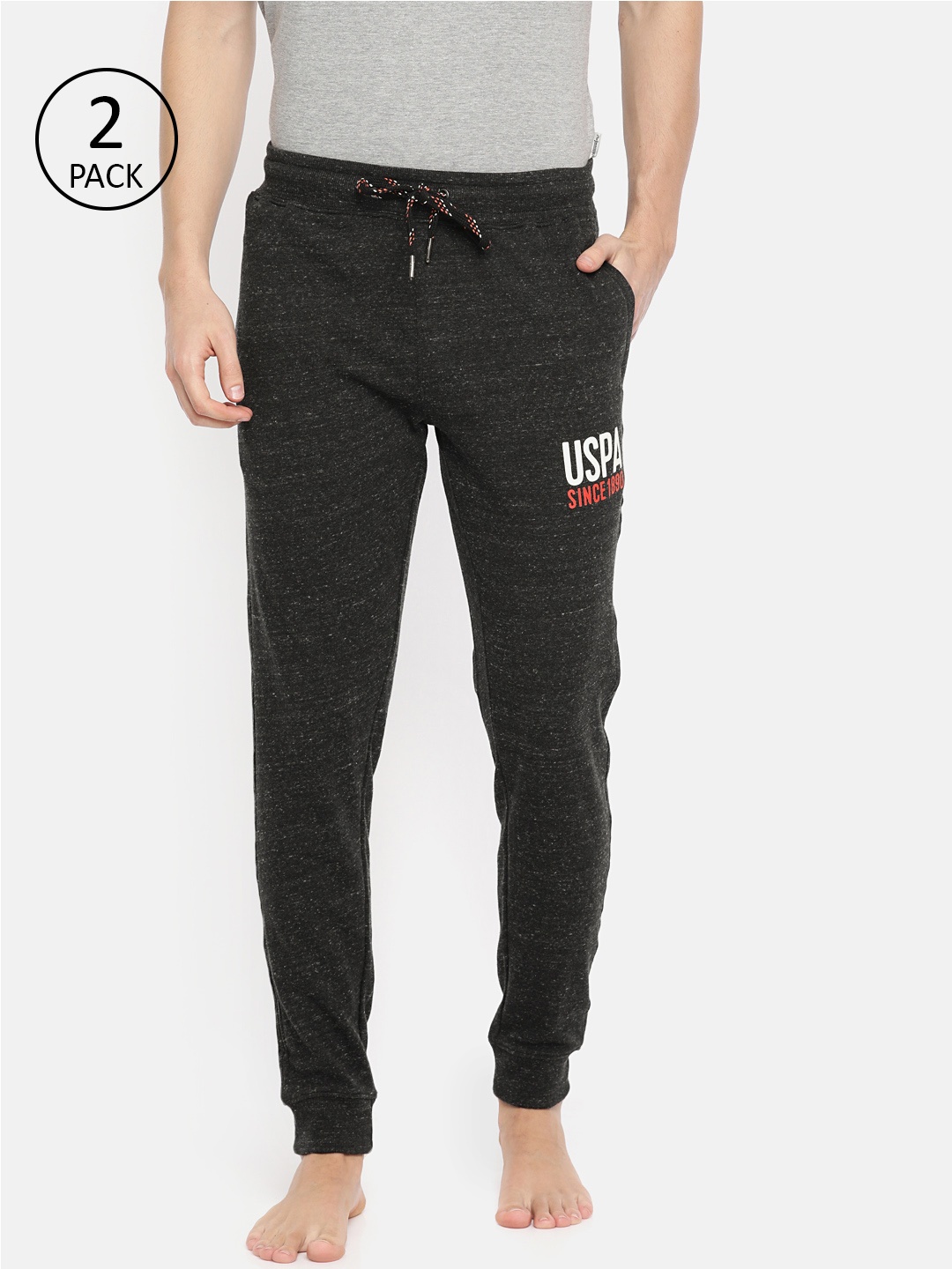 

U.S. Polo Assn. Men Black Melange Pack of 2 Solid Lounge Jogger Pants