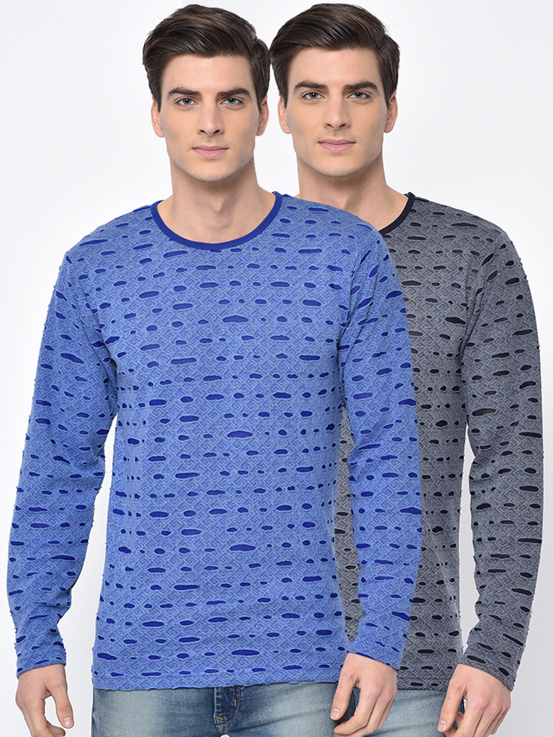 

VIMAL JONNEY Men Pack of 2 Self Design Round Neck T-shirts, Blue