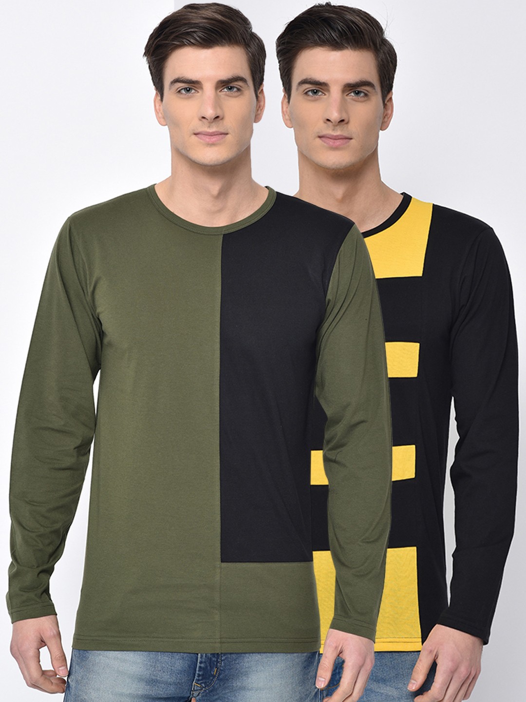 

VIMAL JONNEY Men Pack of 2 Colourblocked Round Neck T-shirt, Olive