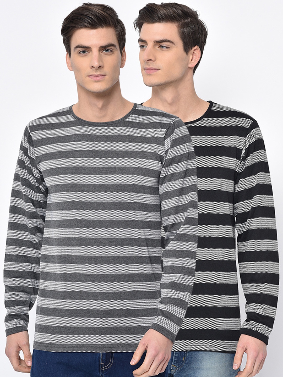 

VIMAL JONNEY Men Pack of 2 Striped Round Neck T-shirts, Black