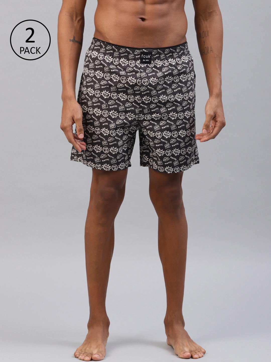 

FCUK Men Pack Of 2 Charcoal Grey & Beige Printed Boxers