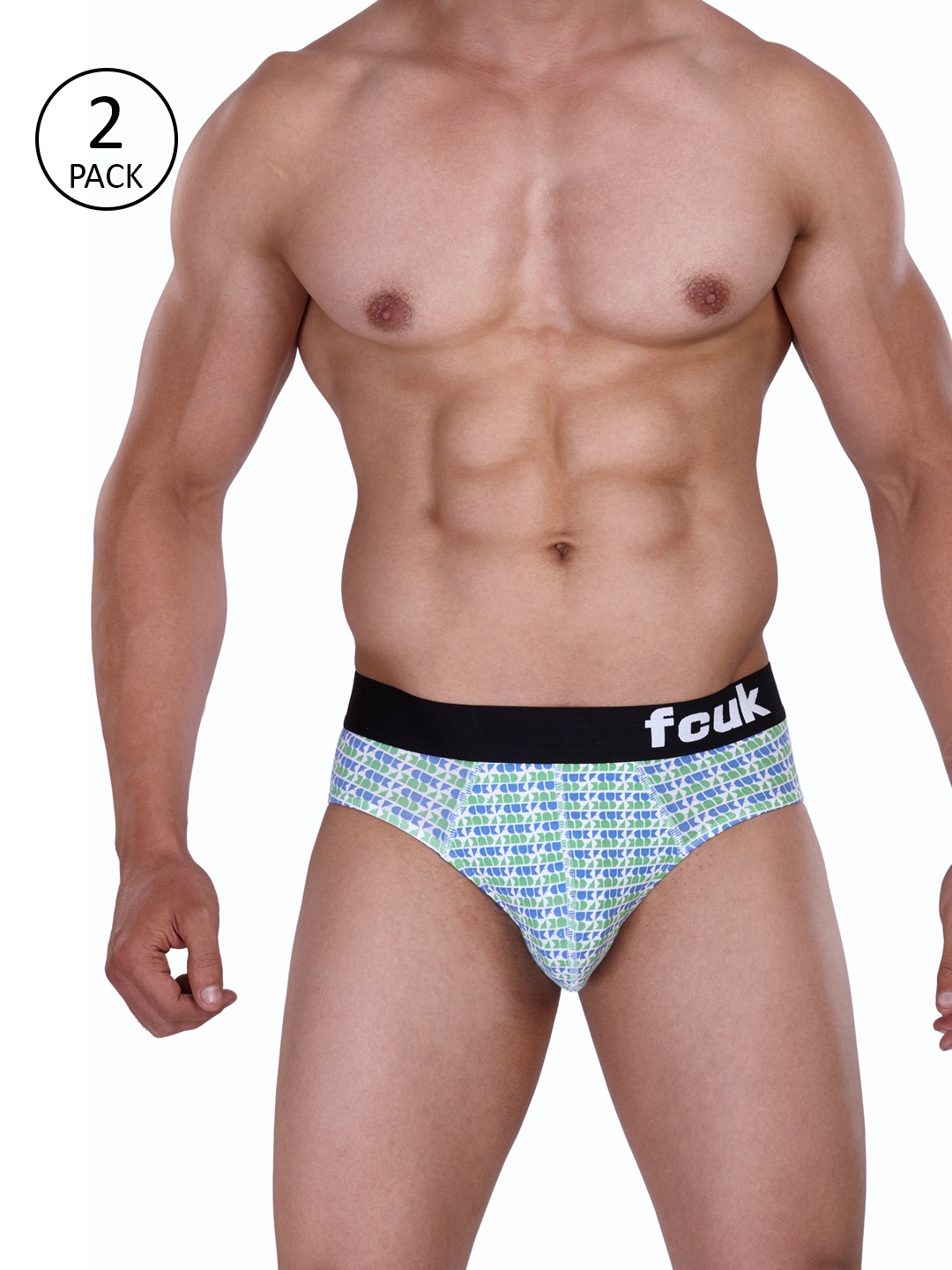 

FCUK Men Pack of 2 Green & Blue Printed Mid-Rise Briefs