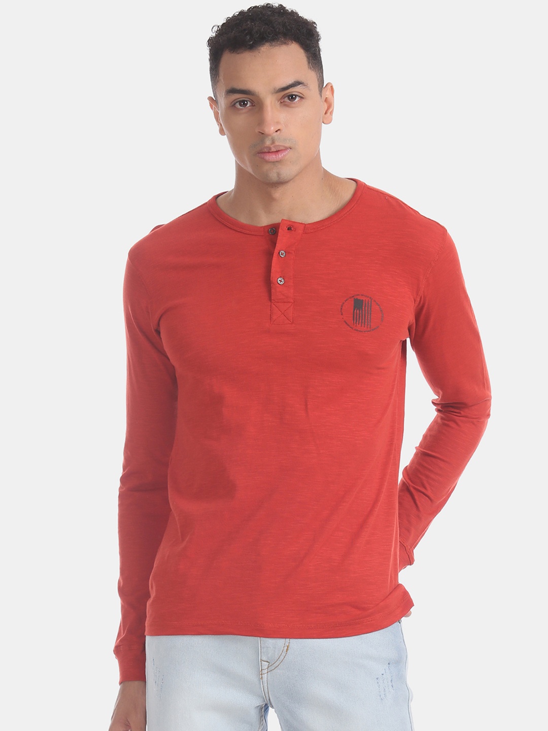 

Cherokee Men Red Solid Henley Neck Pure Cotton T-shirt