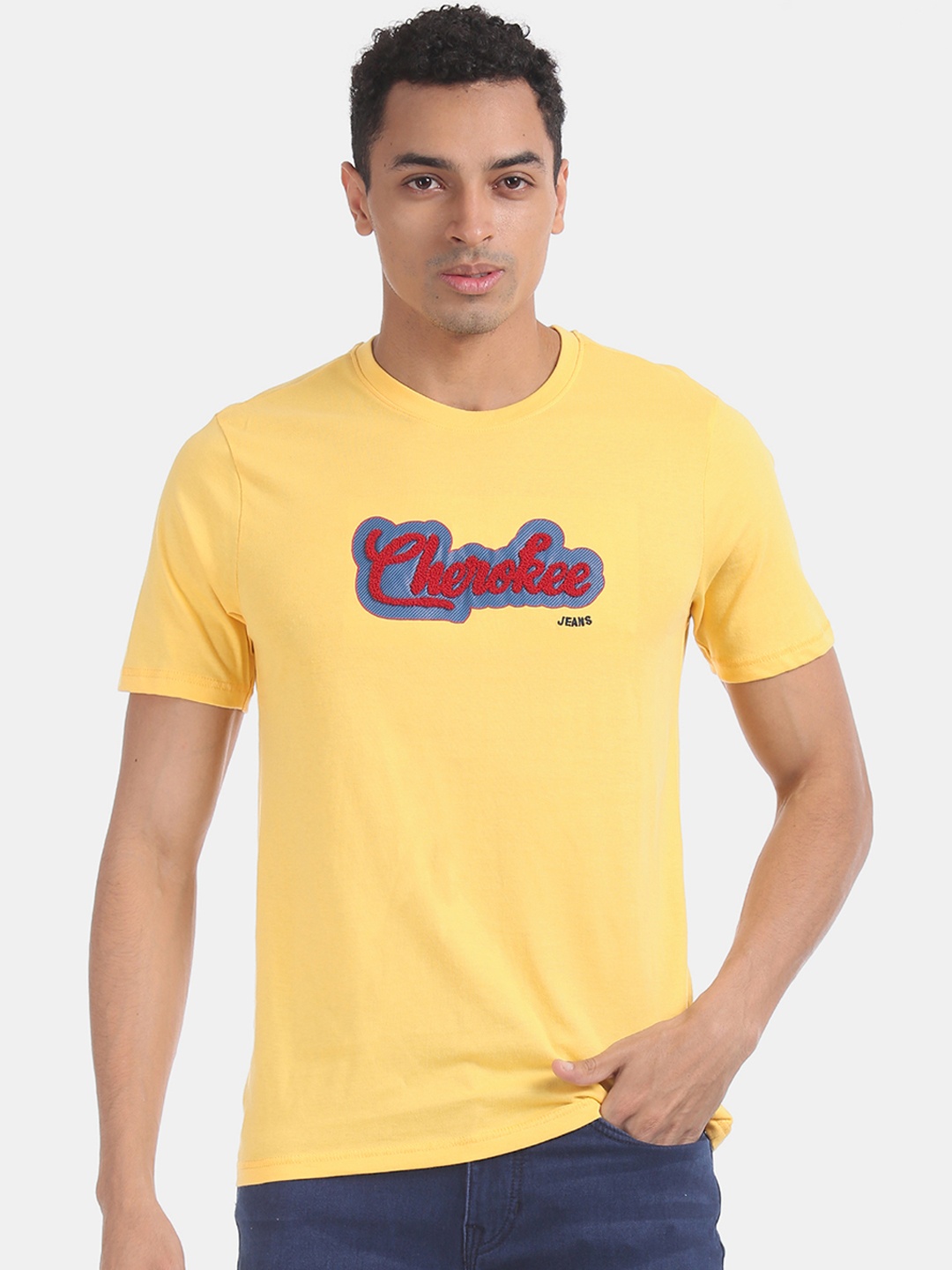 

Cherokee Men Yellow Embroidered Round Neck Pure Cotton T-shirt