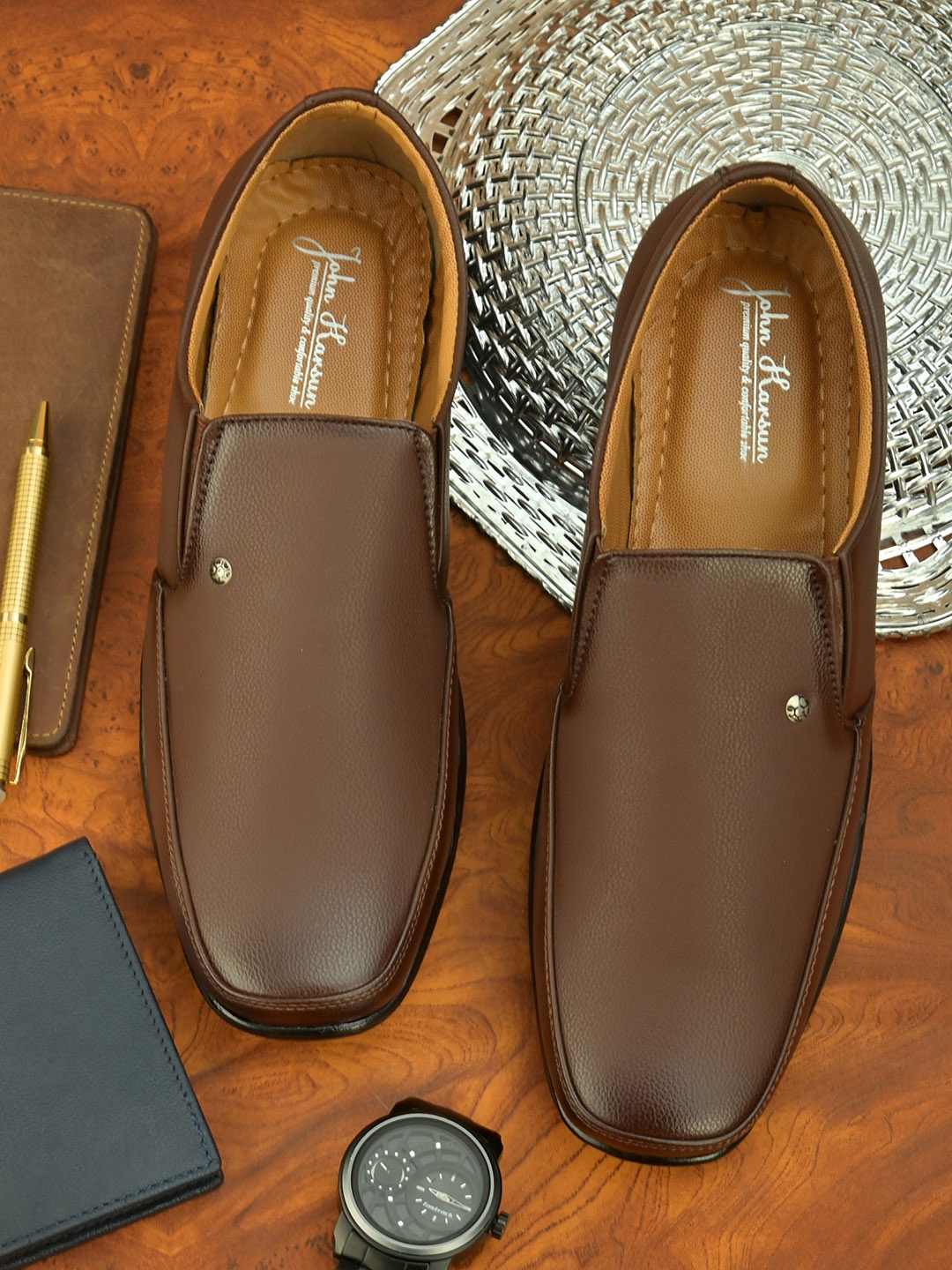 

John Karsun Men Brown Solid Formal Slip-Ons