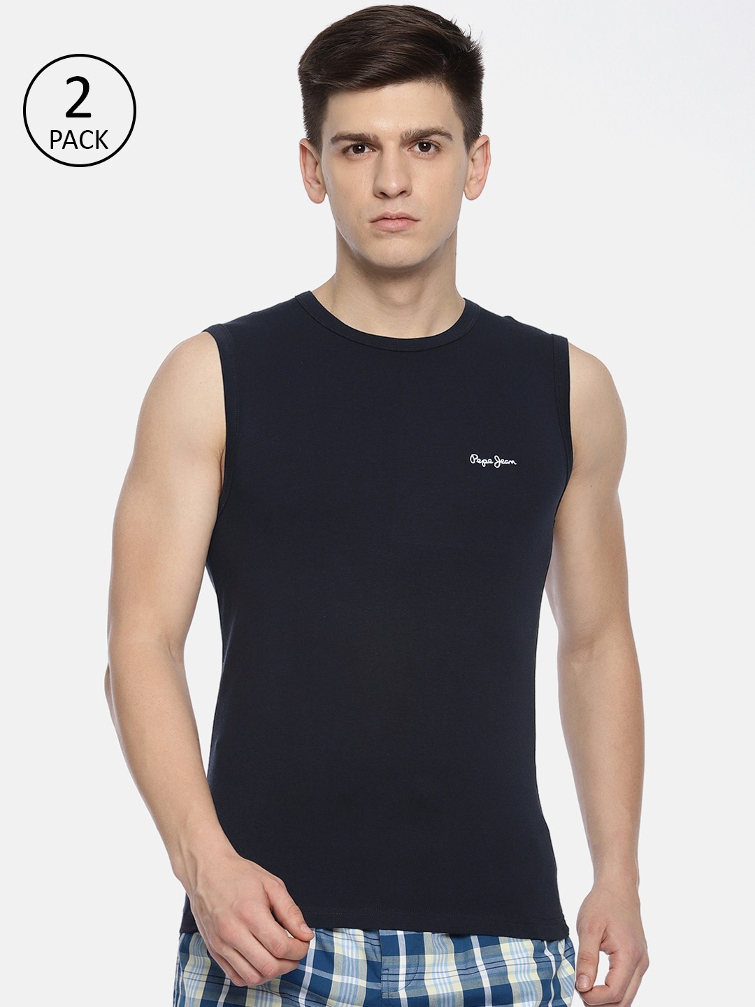 

Pepe Jeans Men Pack of 2 Solid Innerwear Vests, Navy blue