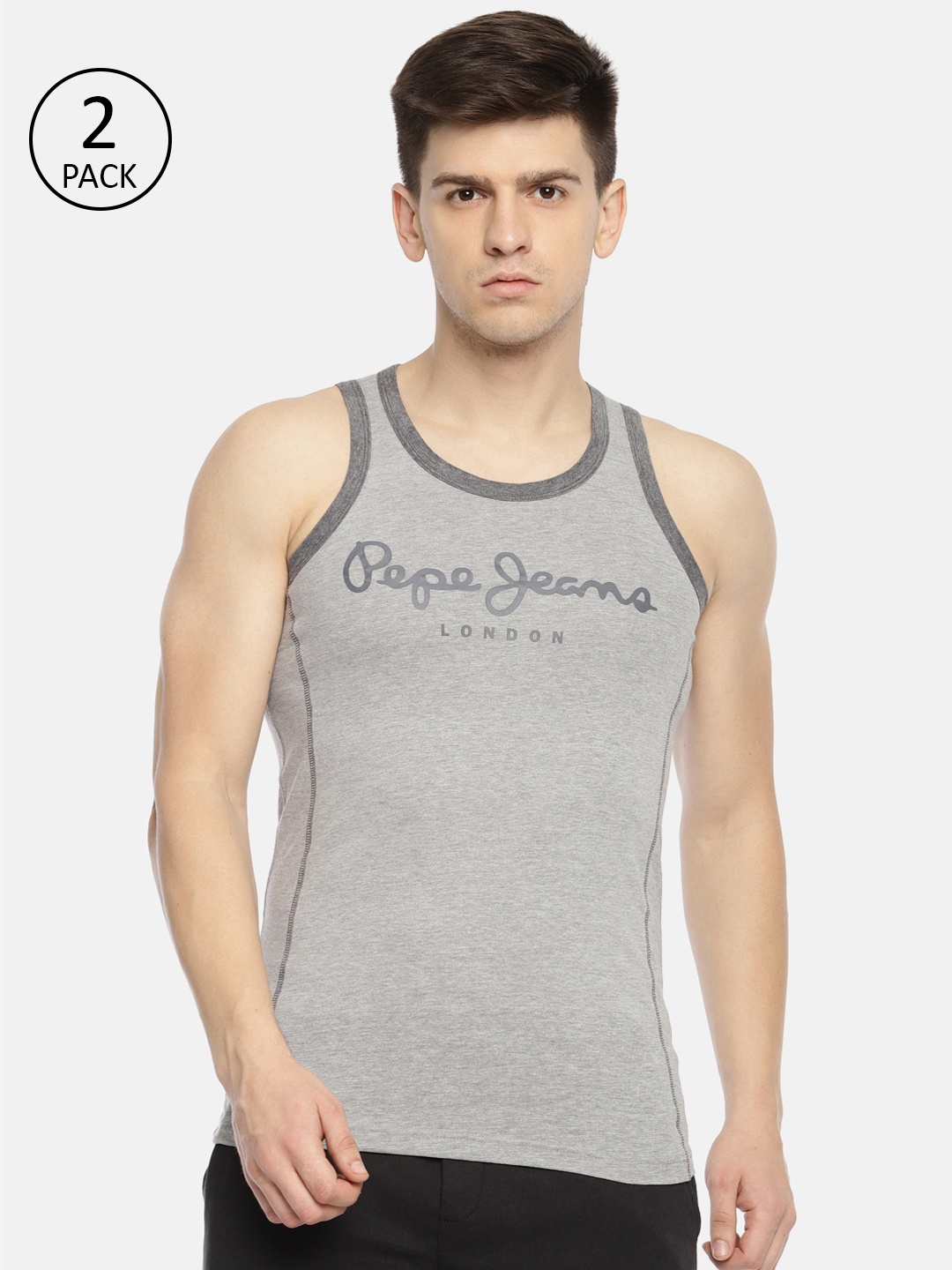 

Pepe Jeans Men Pack of 2 Grey Printed Gym Vests 8936641-2