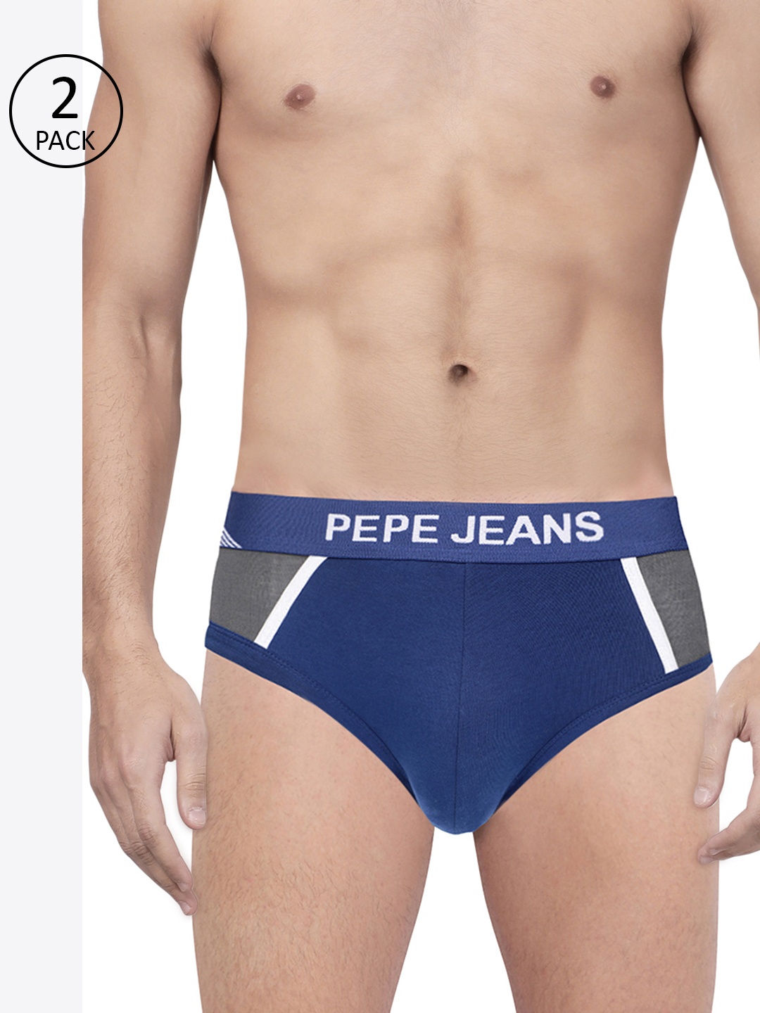 

Pepe Jeans Men Pack of 2 Blue & Grey Colourblocked Briefs 8936655-2, Navy blue