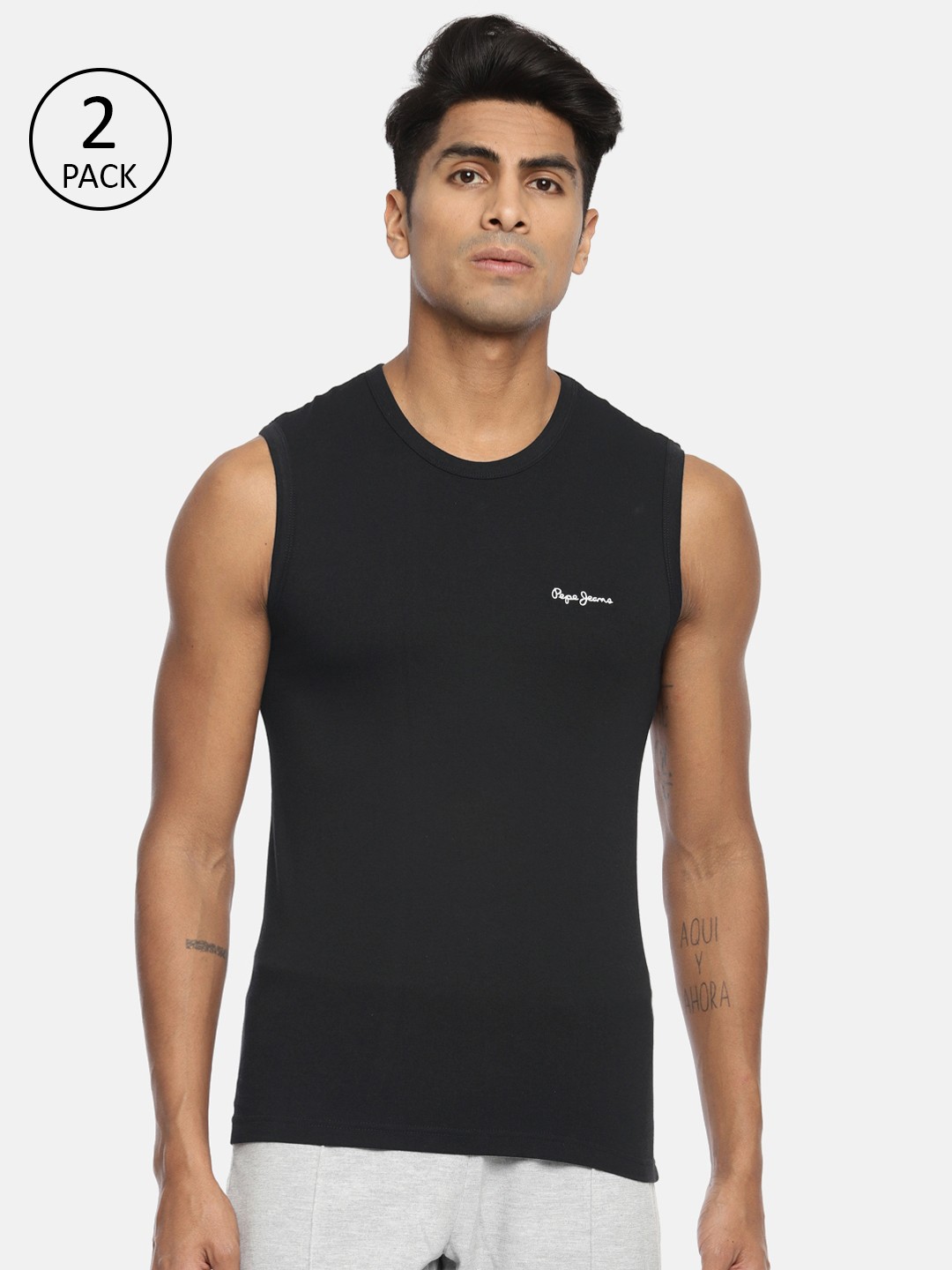 

Pepe Jeans Men Pack of 2 Black Solid Gym Vests