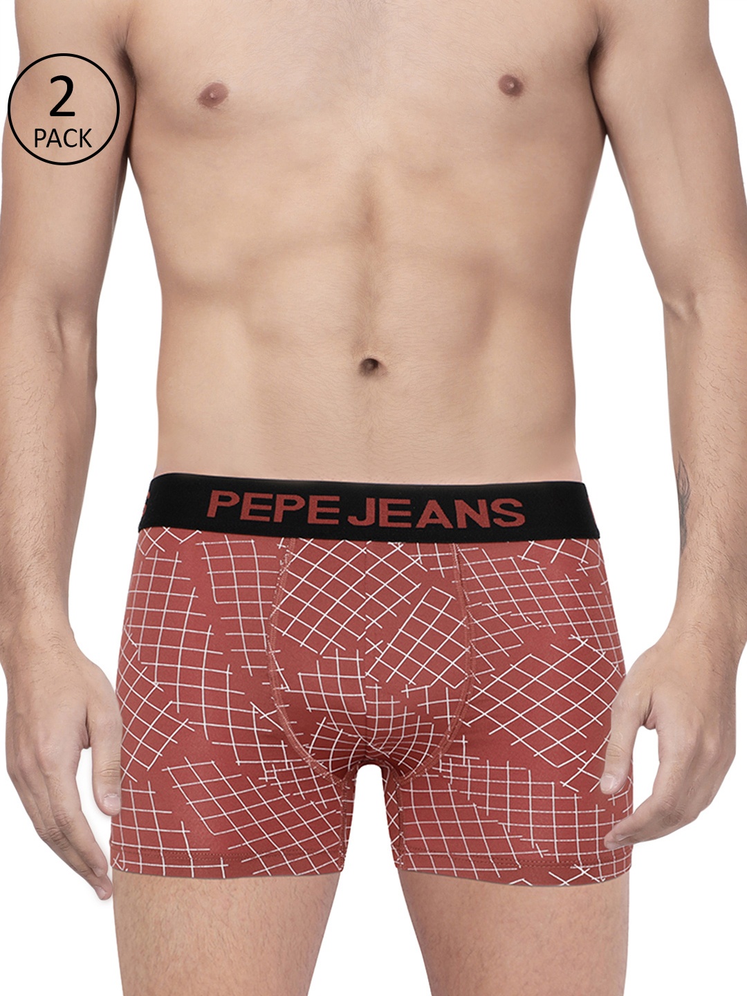 

Pepe Jeans Men Pack of 2 Rust Brown & White Printed Trunks 8937145-2