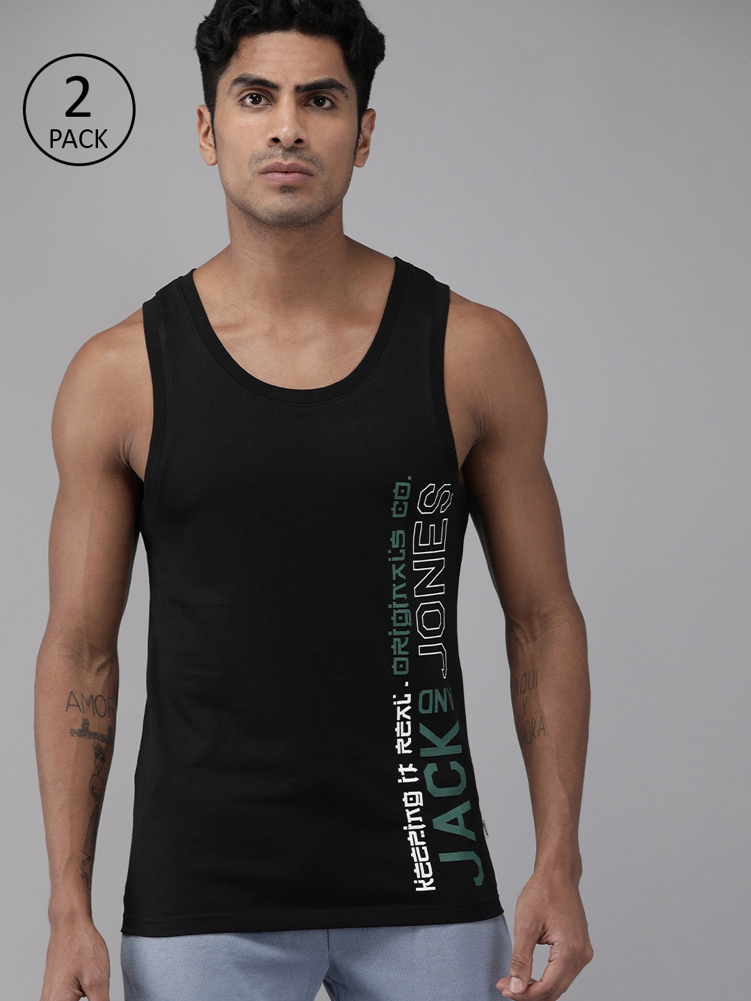 

Jack & Jones Men Pack of 2 Printed Innerwear Vests, Black