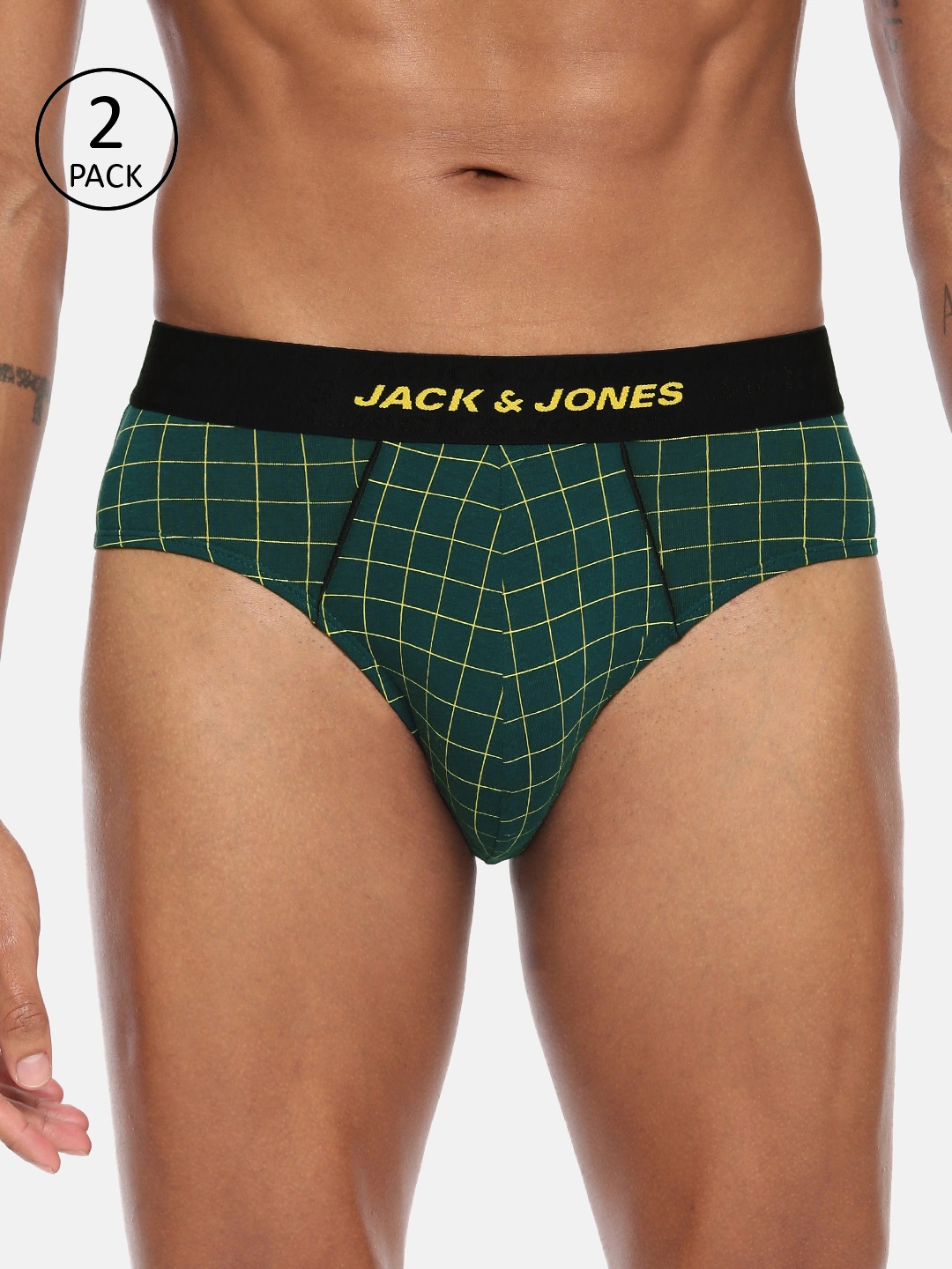 

Jack & Jones Men Pack of 2 Green & Yellow Checked Briefs