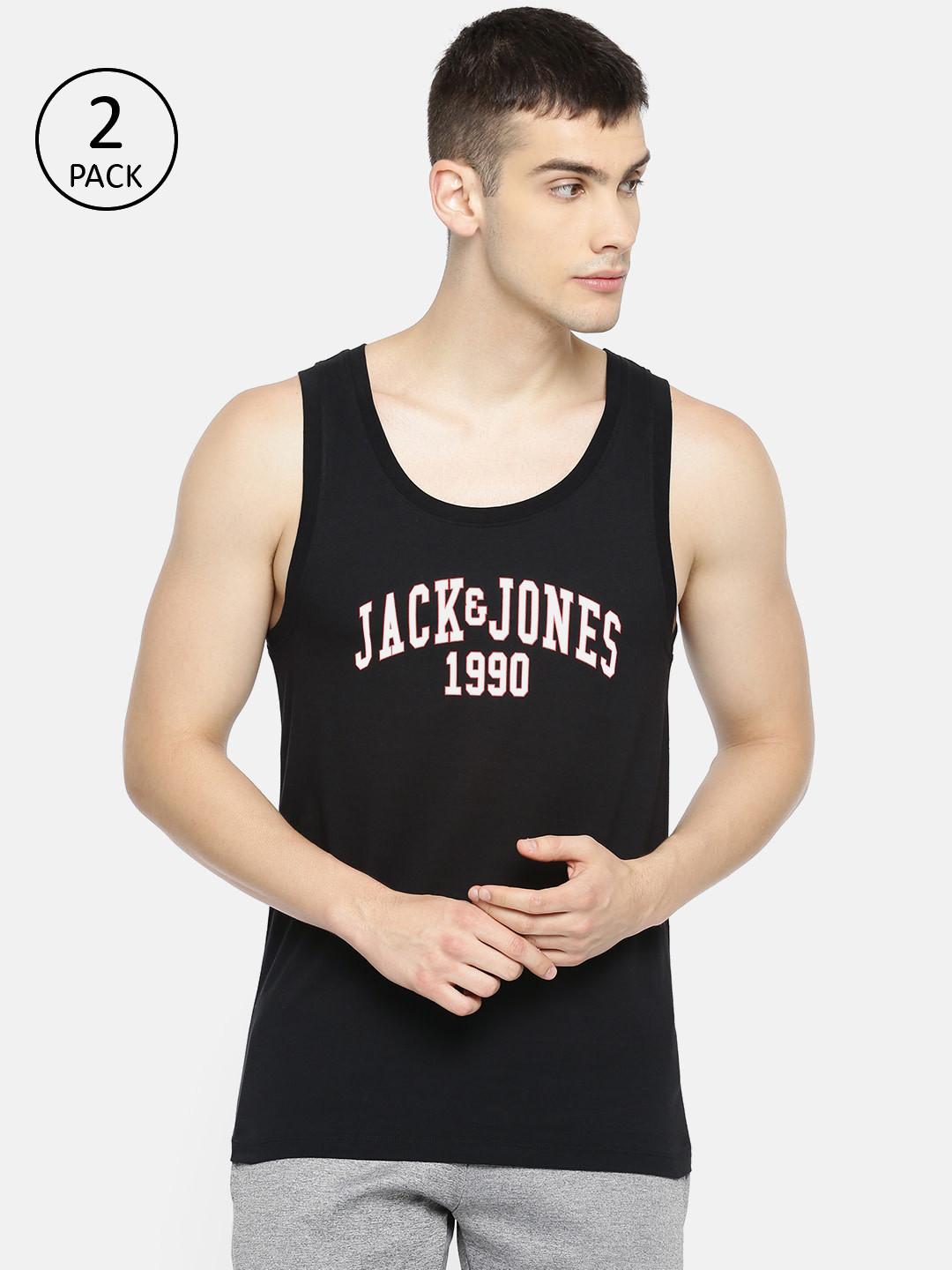 

Jack & Jones Men Pack of 2 Printed Innerwear Vest, Black