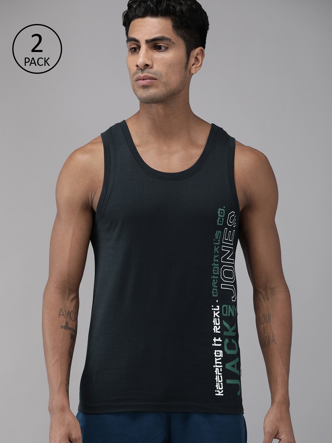 

Jack & Jones Men Navy Blue Pack of 2 Printed Innerwear Vest