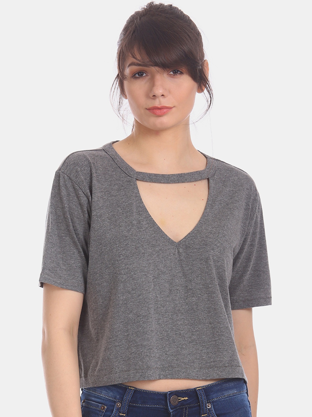 

Aeropostale Women Grey Solid Round Neck Crop T-shirt