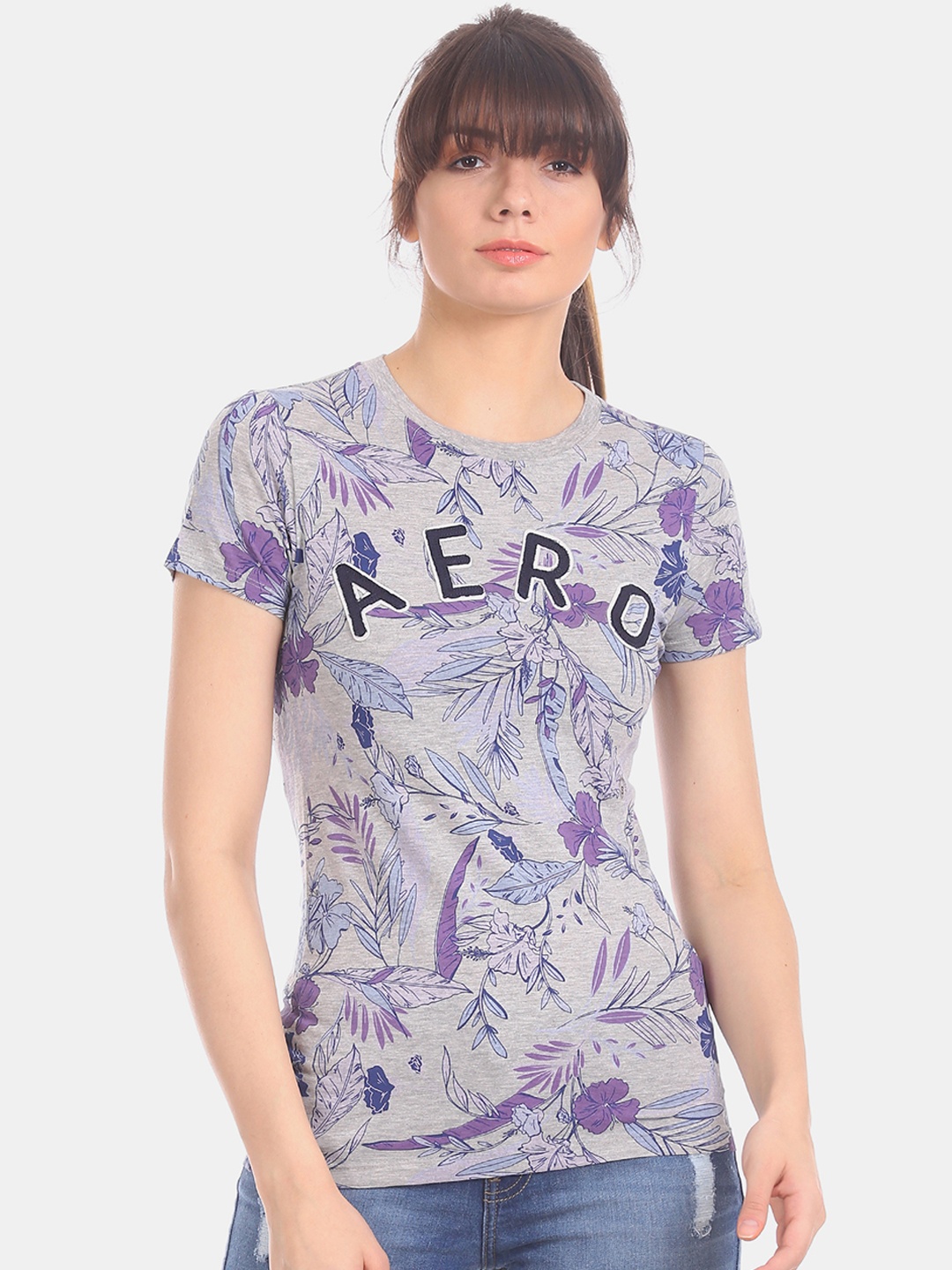 

Aeropostale Women Grey & Purple Printed Round Neck T-shirt