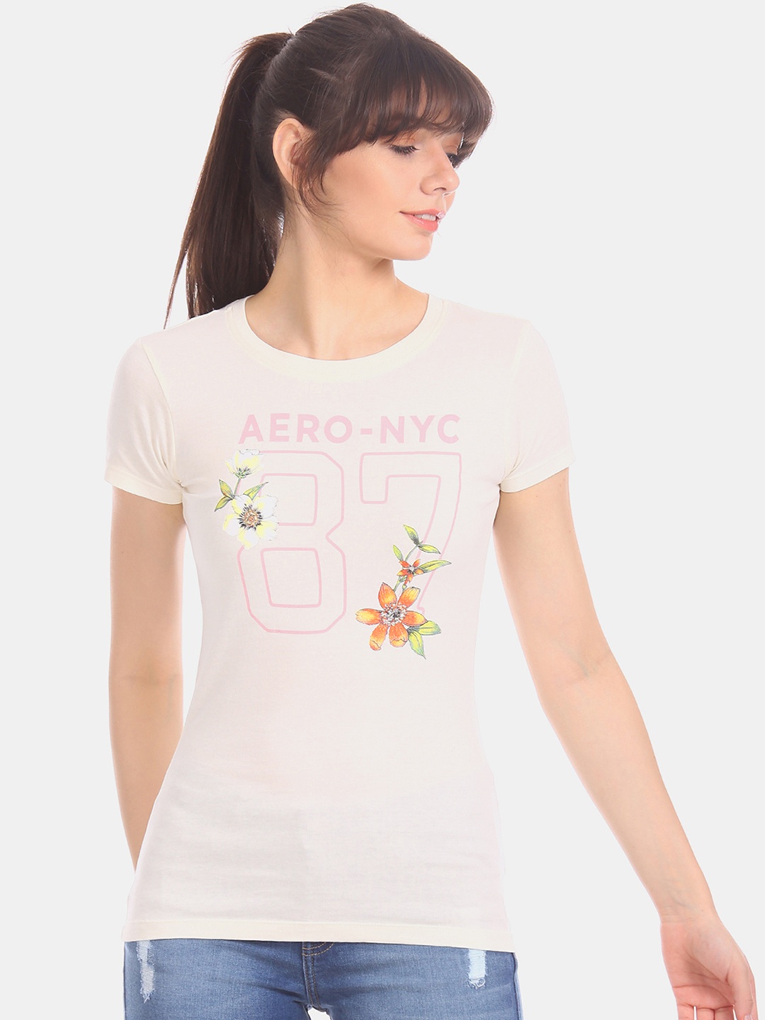 

Aeropostale Women Off-White Printed Round Neck Pure Cotton T-shirt