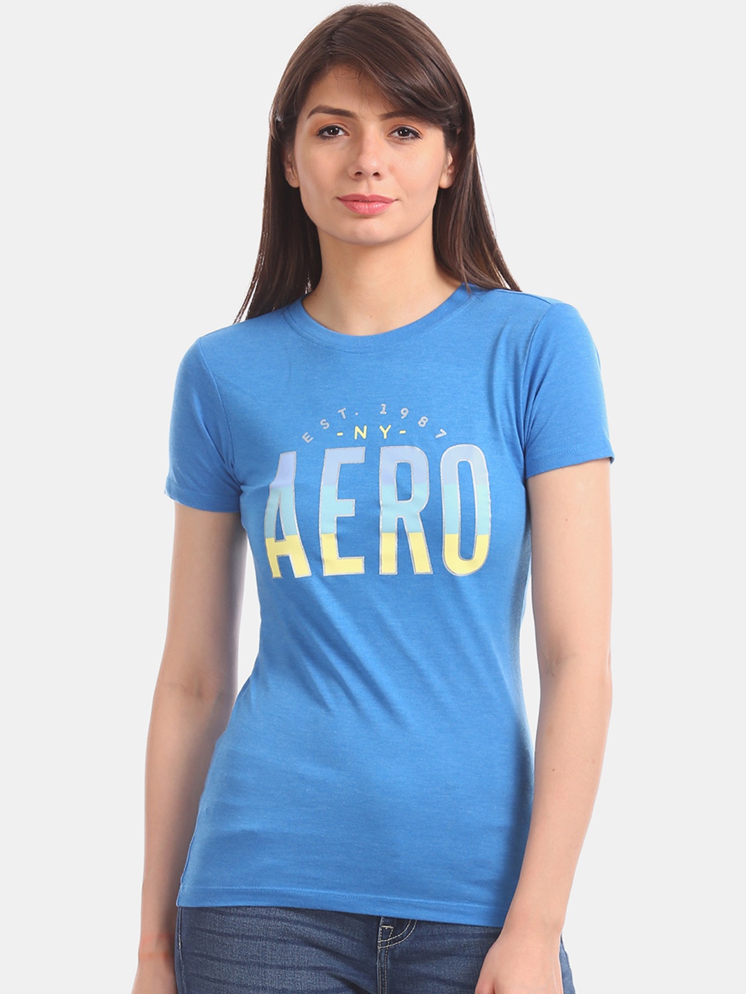 

Aeropostale Women Blue Printed Round Neck T-shirt