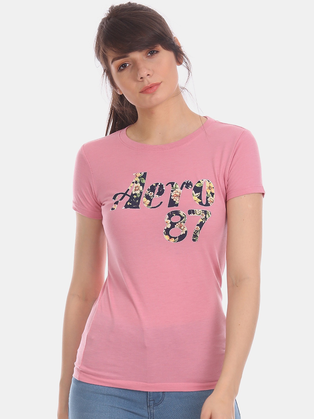 

Aeropostale Women Pink Brand Print Round Neck T-shirt