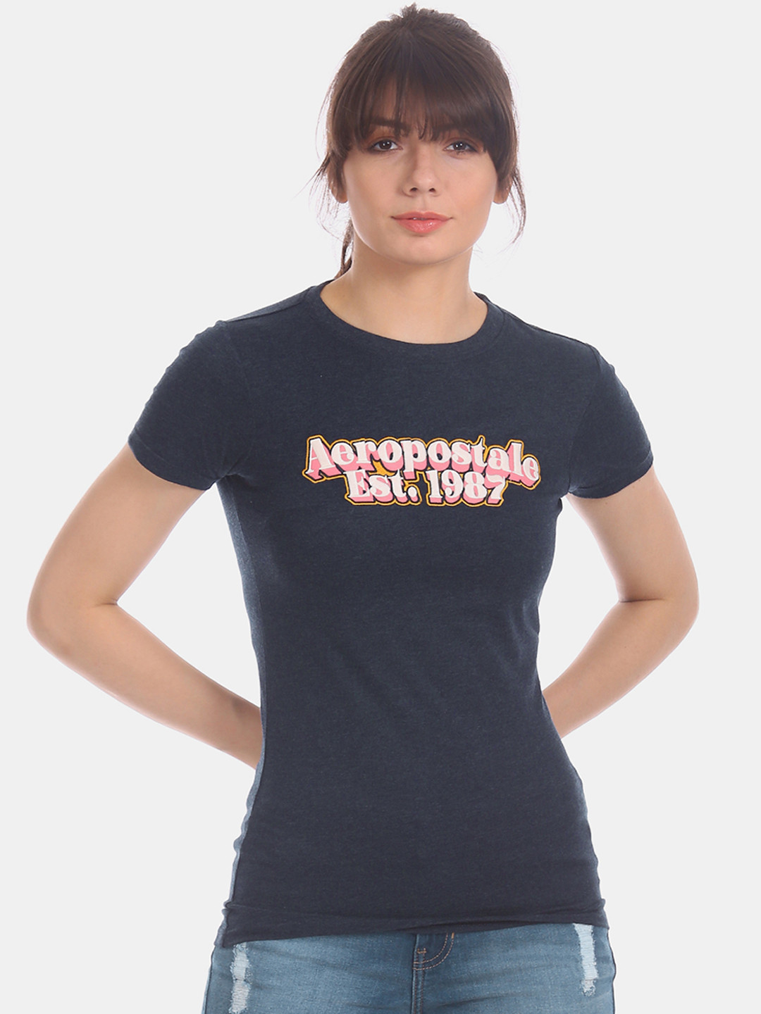 

Aeropostale Women Navy Blue Brand Embroidered Round Neck T-shirt