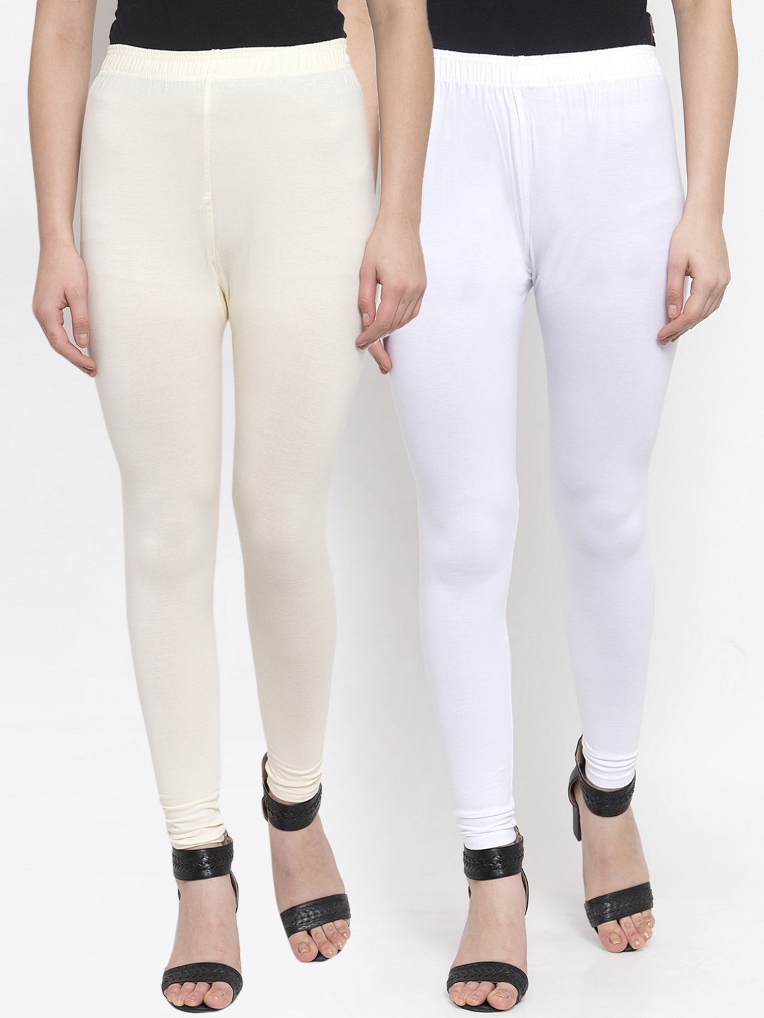 

TAG 7 Women Pack Of 2 White & Cream-Coloured Solid Churidar-Length Leggings