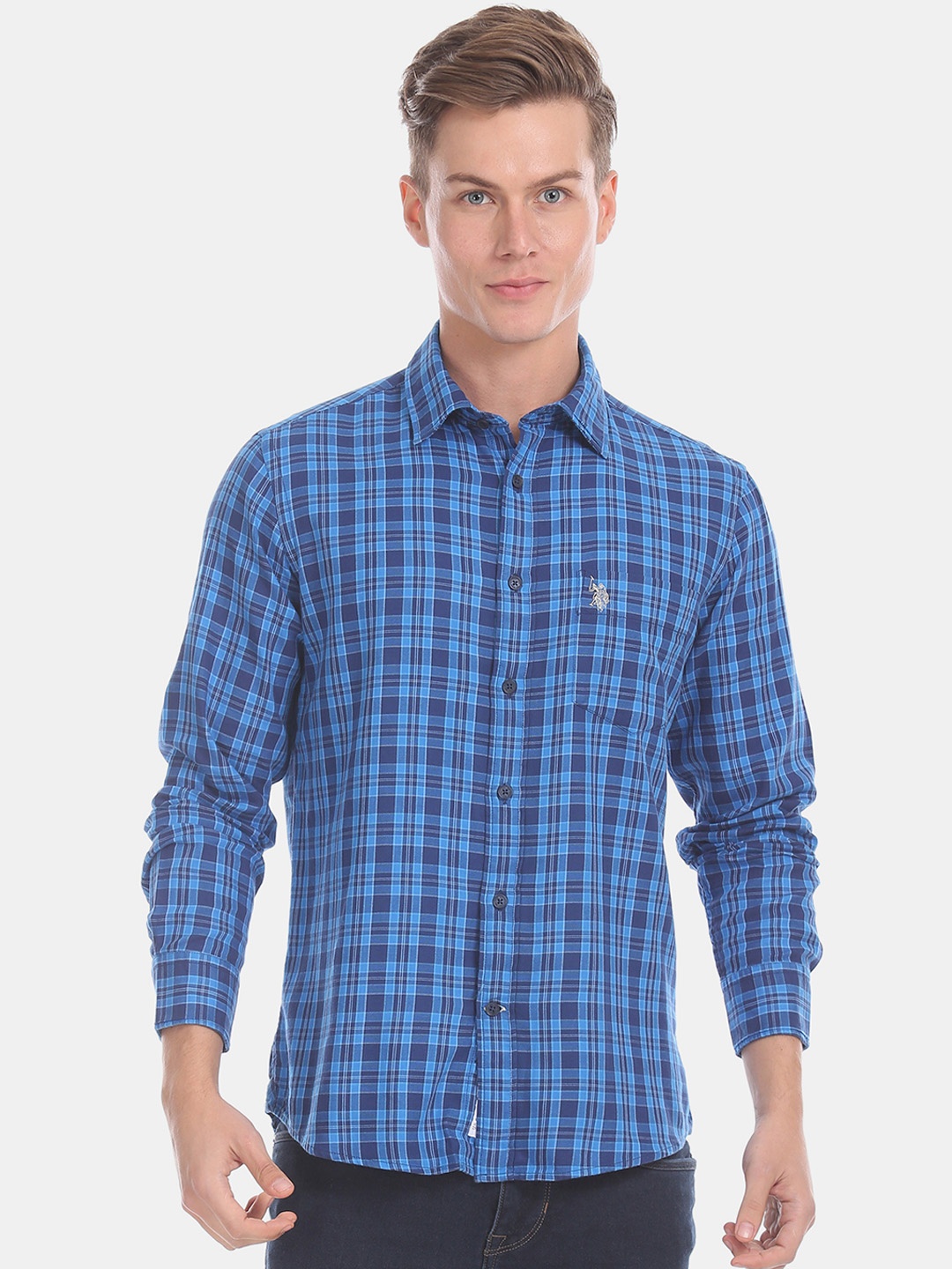 

U.S. Polo Assn. Men Blue Regular Fit Checked Casual Shirt