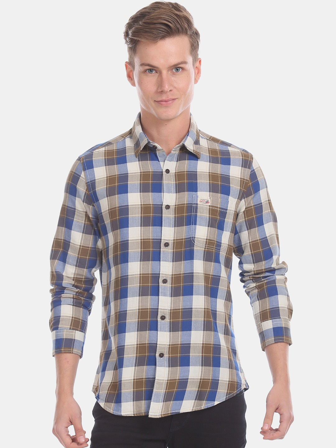 

U.S. Polo Assn. Denim Co. Men Off-White & Brown Regular Fit Checked Casual Shirt