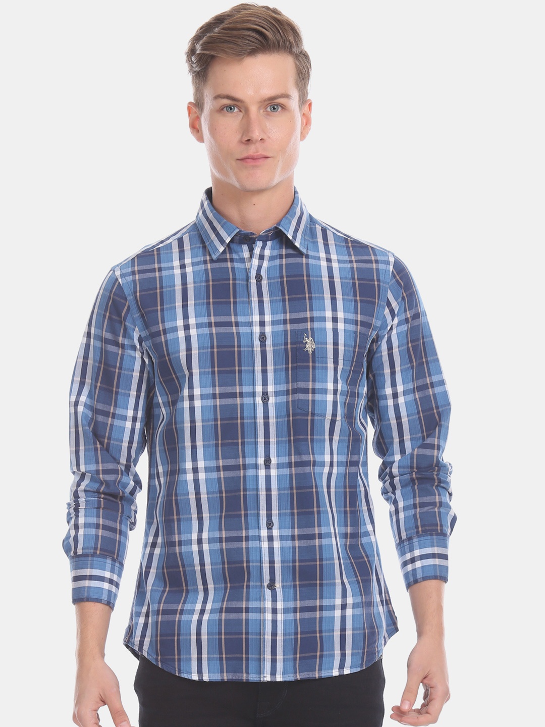 

U.S. Polo Assn. Men Blue & Navy Blue Tailored Fit Checked Casual Shirt