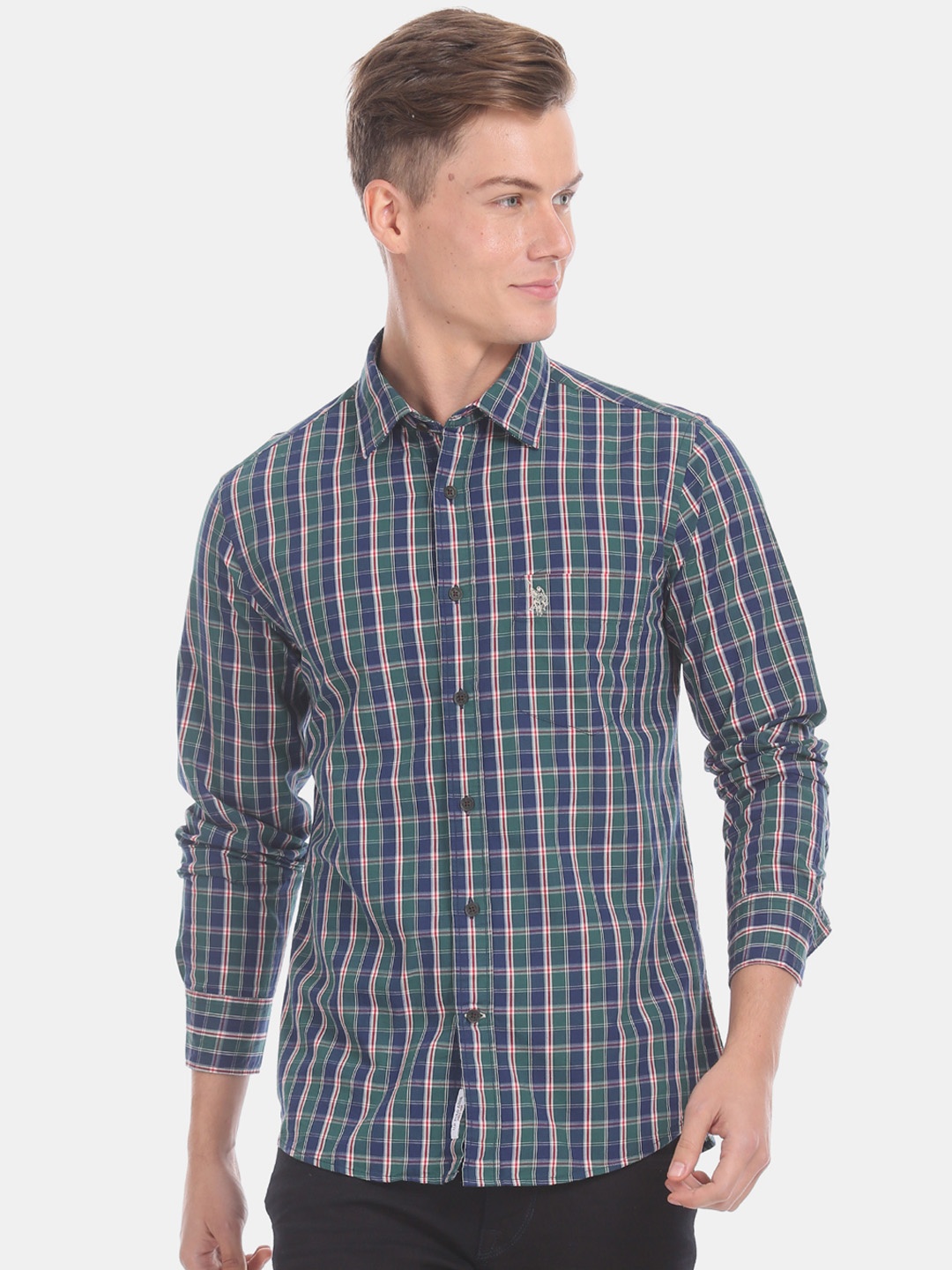 

U.S. Polo Assn. Men Green & Navy Blue Tailored Fit Checked Casual Shirt