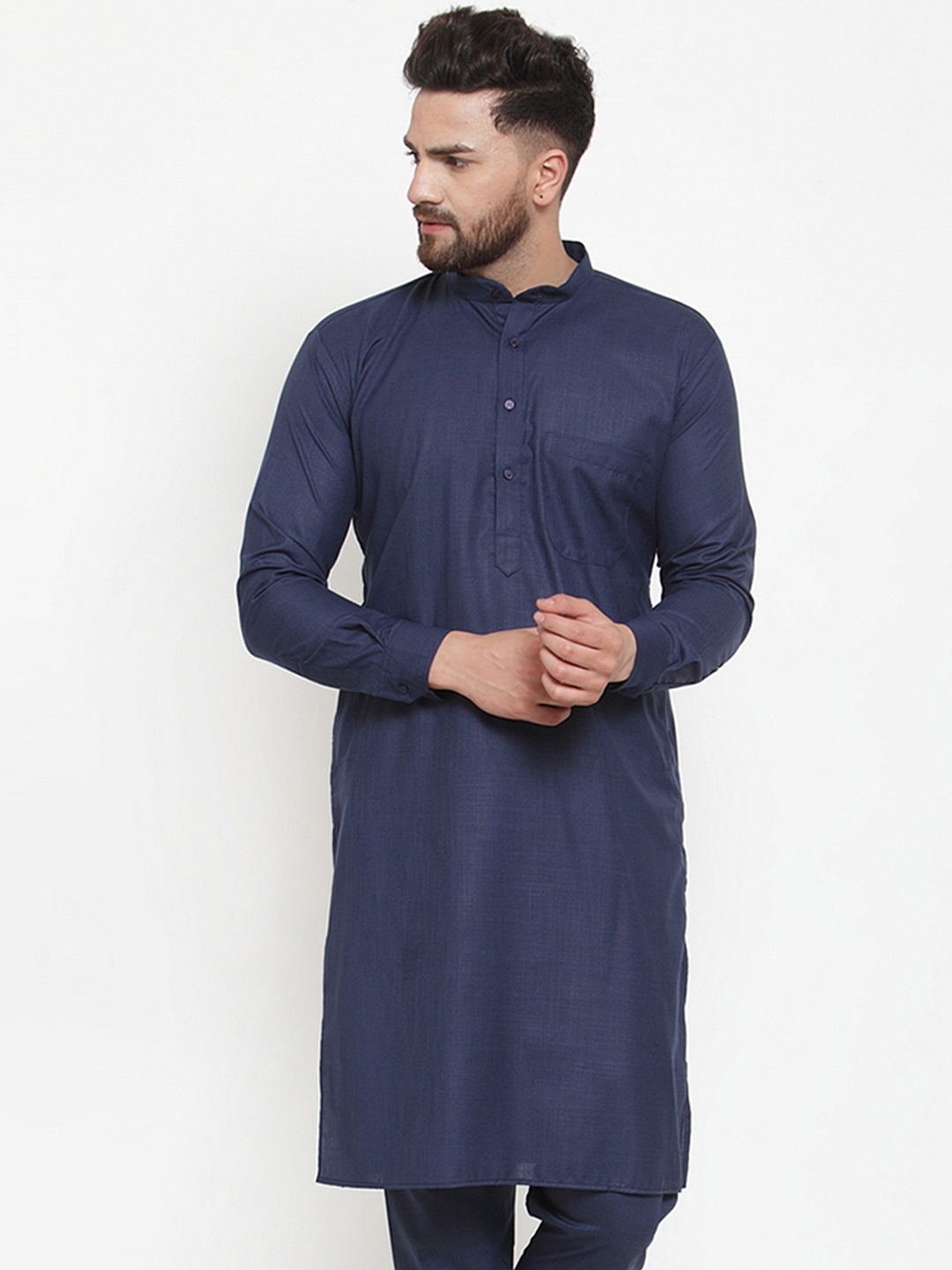 

Jompers Men Navy Blue Solid Straight Kurta