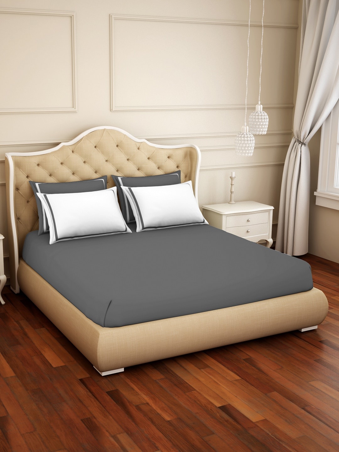 

SPACES Grey Solid 300 TC Cotton Hygro 1 King Bedsheet with 4 Pillow Covers