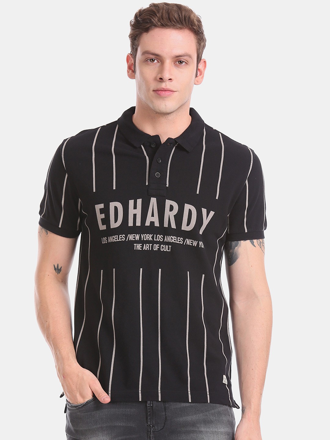 

Ed Hardy Men Black Striped Polo Collar Pure Cotton T-shirt
