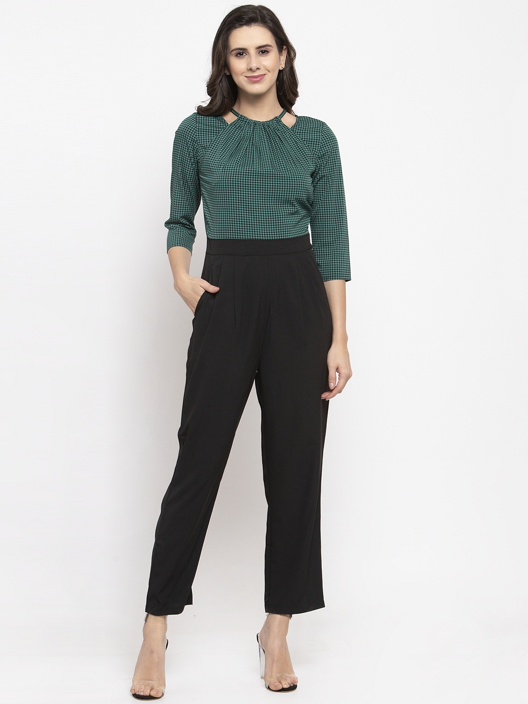 

Magnetic Designs Women Green & Black Houndstooth Print Basic Jumpsuit