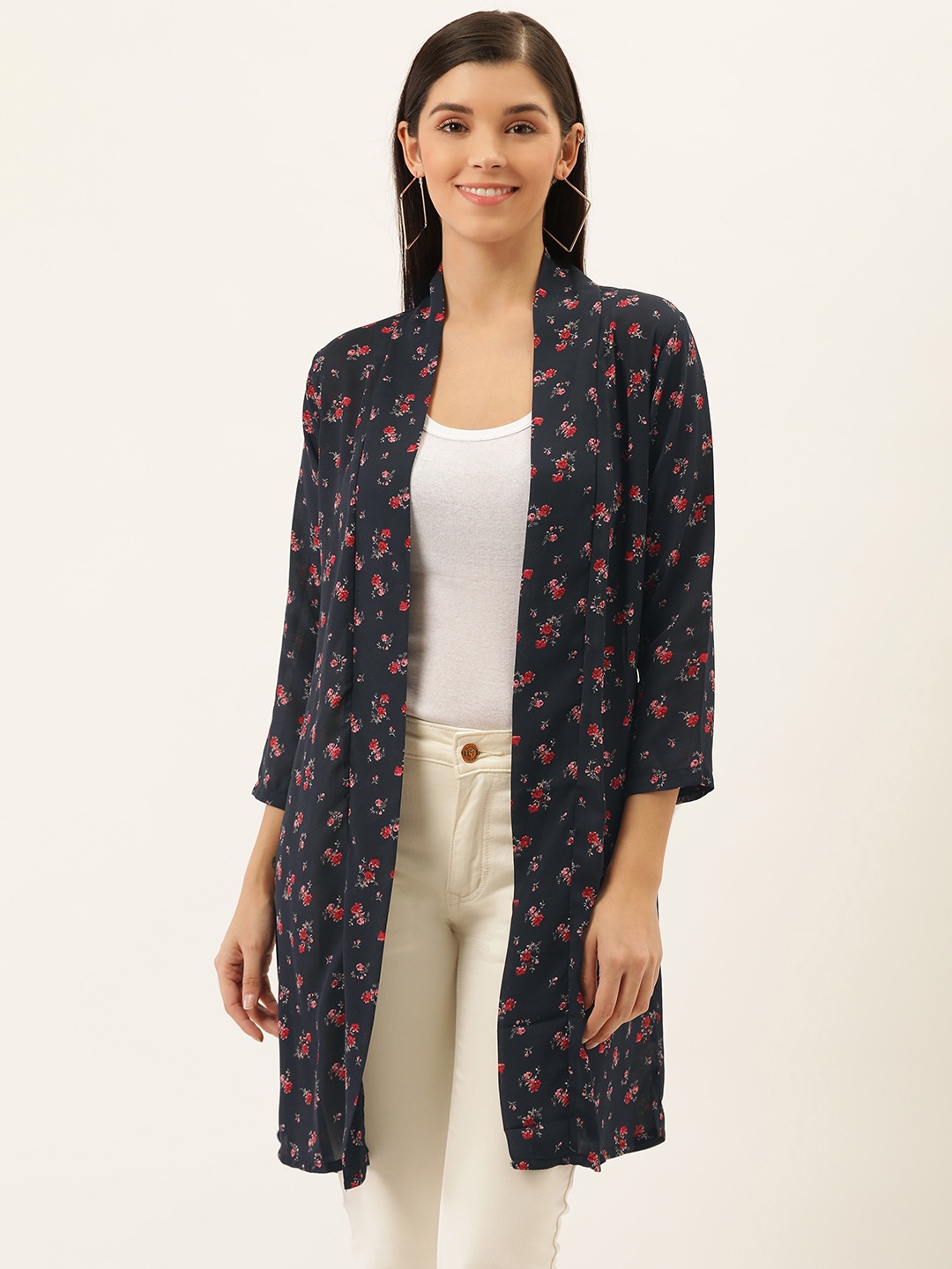 

Darzi Women Navy Blue & Red Floral Print Open Front Shrug