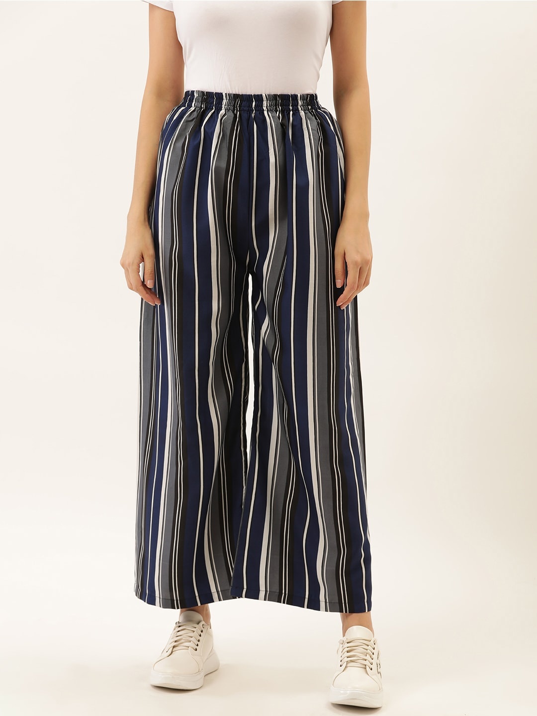 

Darzi Women Navy Blue & Charcoal Grey Striped Wide Leg Palazzos