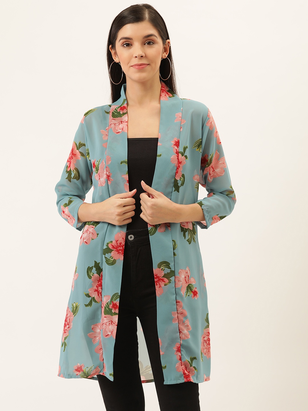 

Darzi Women Blue & Pink Semi-Sheer Floral Print Open Front Longline Shrug