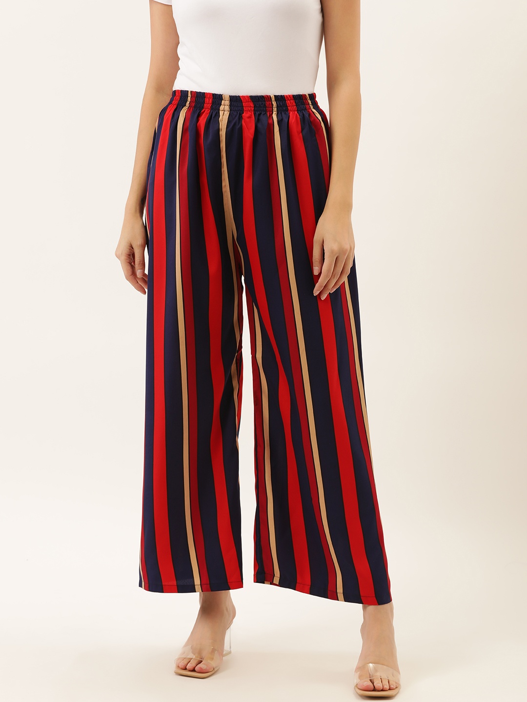 

Darzi Women Navy Blue & Red Striped Wide Leg Palazzos