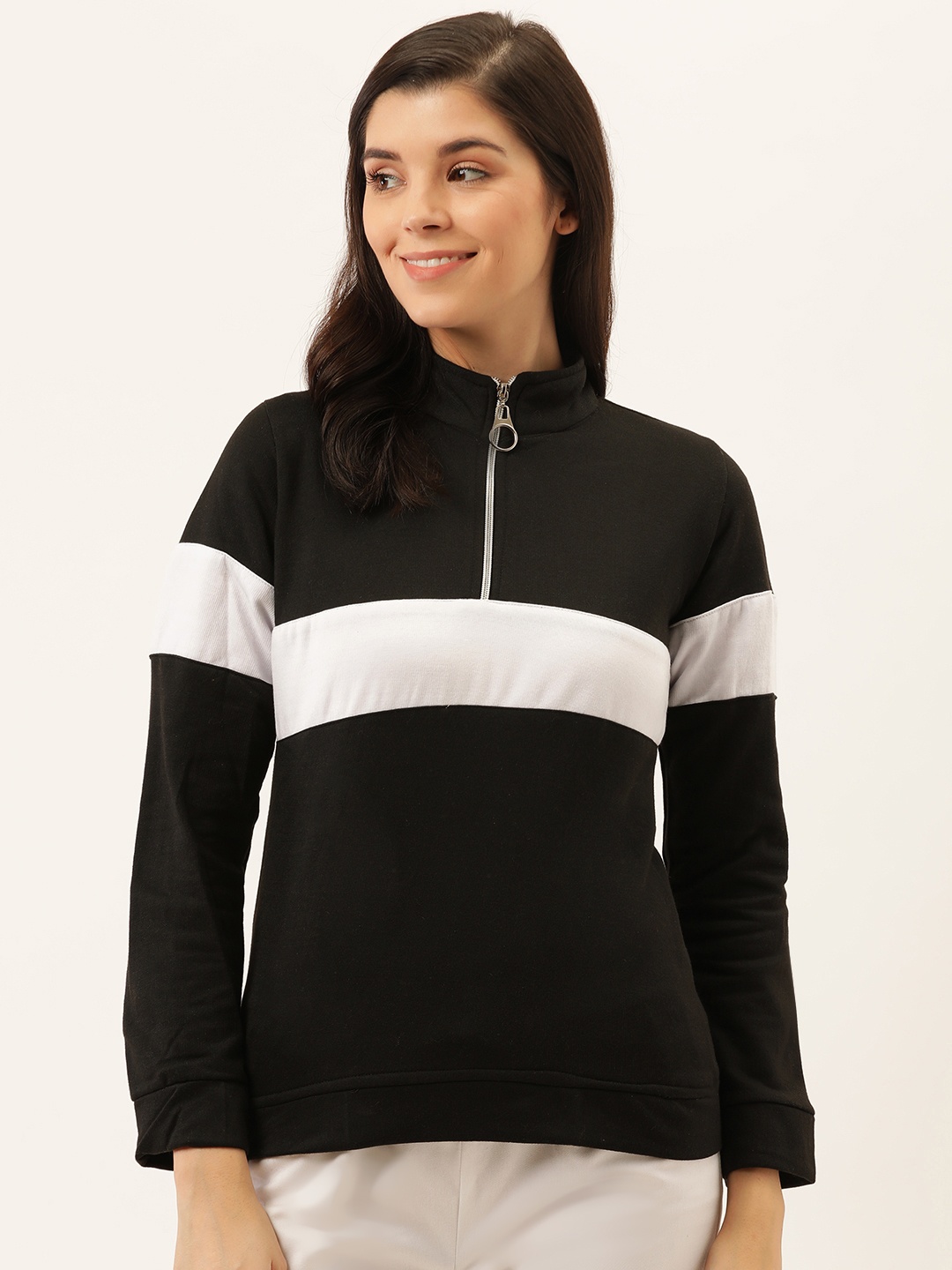 

Darzi Women Black & White Colourblocked Sweatshirt